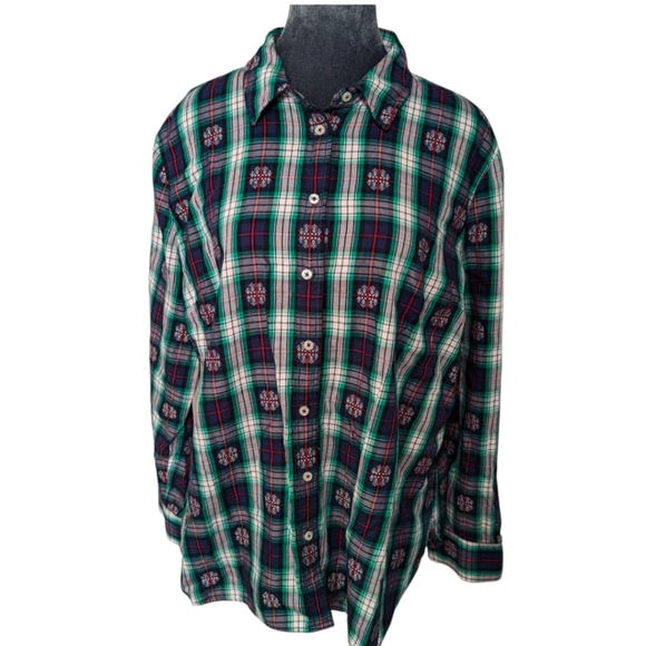 Talbots Tops - Talbots Classic Cotton Shirt Snowflake Jacquard Plaid